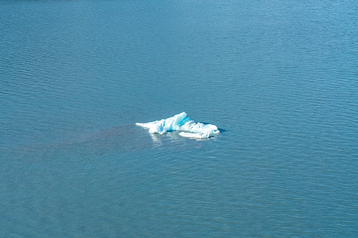 Punta Bandera, Argentina, November 2, 2019: A floe of ice floats on the surface of the Lake Argentino (Lago Argentino). It is the biggest freshwater lake in Argentina, with a surface area of 1,415 km2 and a maximum depth of 500 m. The Lake is situated in Los Glaciares National Park which was declared a World Heritage Site by UNESCO in 1981.