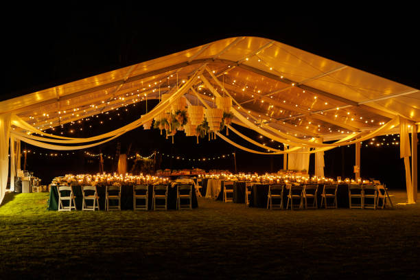 istock A large white event tent, decorated with twinkling string lights and a stunning chandelier, provides a romantic and enchanting atmosphere 1829479139