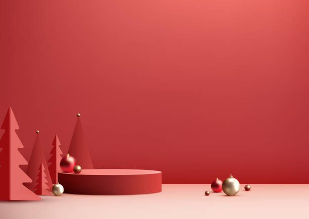 istock Christmas Red Podium Decoration with Pine Tree, Gold and Red Balls 1829482791