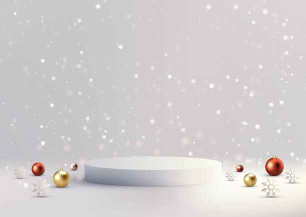 istock Christmas 3D White Podium Decoration with Balls and Snow 1829482802