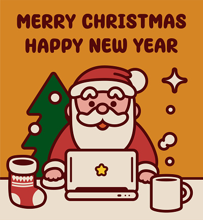 Cute Christmas Characters Vector Art Illustration.
Adorable Santa Claus using a laptop to send Christmas cards wishes you a Merry Christmas and a Happy New Year.