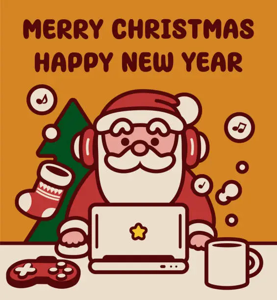 Vector illustration of Adorable Santa Claus wearing a headset and using a laptop wishes you a Merry Christmas and a Happy New Year