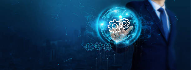 istock Businessman hand touch cutting-edge advertising shield with a network of dynamic connecting icons. 1829525738