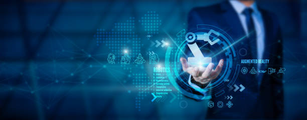 istock Control robotics with monitoring system software and an icon industry network connection on tablet. AI, Artificial Intelligence, automation, robot arm. 1829529992