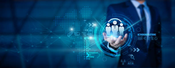 istock Networking Platforms. Hold the icon and global internet technology networking. Businessman protecting personal information. Blockchain. Biometrics. Identity and fingerprint 1829530555