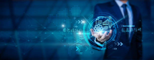 istock Project management areas of knowledge such as cost, time, scope, human resources, risks, quality, and communication with icons and a manager's hold on the project management icon. 1829531079