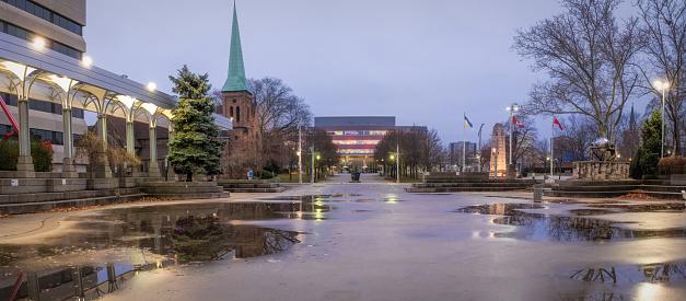 Windsor, Ontario, Canada - December 02, 2023:  The Windsor, Ontario City Hall Campus area as viewed from the public square, Charles Clark Square.