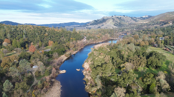 From the vantage point of a drone, the American River shows off its beauty and Autumn colors. This area is famous for the gold rush of 1849. Many flocked to this area in search of gold.  Now it shows off the beauty that comes during this season.o