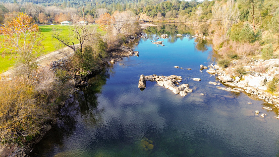 From the vantage point of a drone, the American River shows off its beauty and Autumn colors. This area is famous for the gold rush of 1849. Many flocked to this area in search of gold.  Now it shows off the beauty that comes during this season.o