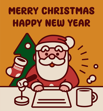 Cute Christmas Characters Vector Art Illustration.
Adorable Santa Claus radio host or podcaster is producing a radio show or live stream to wish you a Merry Christmas and a Happy New Year.