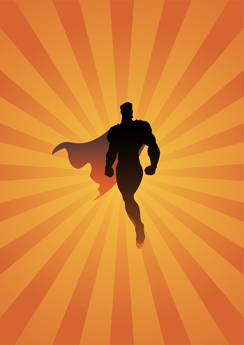 A silhouette illustration of a superhero flying floating in the air. Easy to grab and edit.  Put your text or logo on the chest.