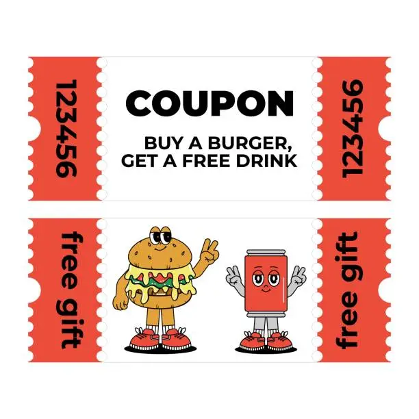 Vector illustration of Retro groovy cartoon Gift Voucher and Coupon with character Burger and Drink. Vintage mascot with psychedelic smile and emotion. Funky vector illustration