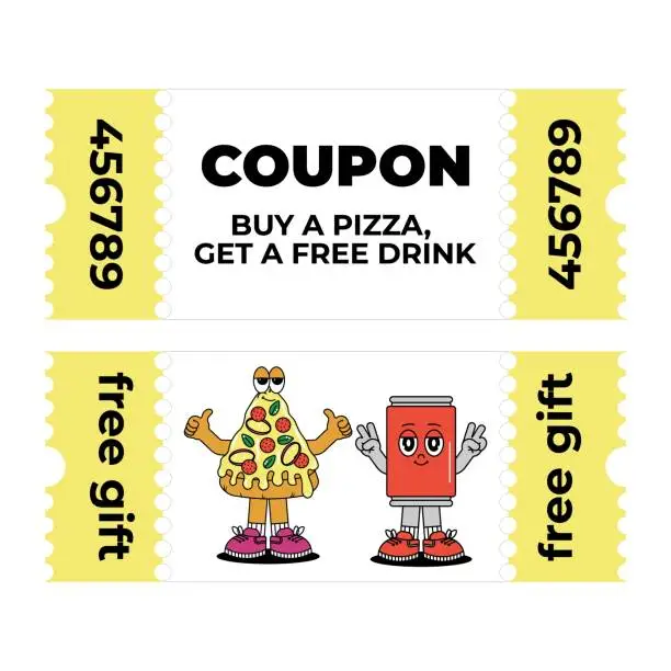 Vector illustration of Retro vintage cartoon Gift Voucher and Coupon with characters Pizza and Drink. Cute mascot with psychedelic smile and emotion. Funky vector illustration in groovy style