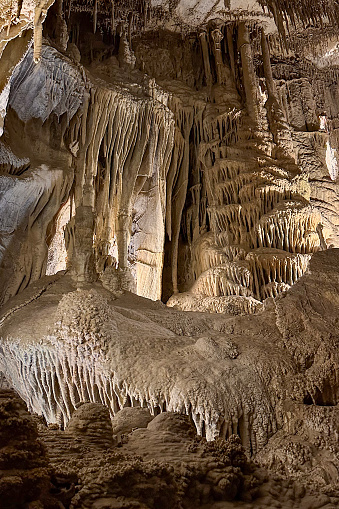 Rock formations (speleothems) include stalactites, columns, flowstone and drapery in Gothic Palace area of Lehman Caves, Great Basin National Park, Nevada, USA.