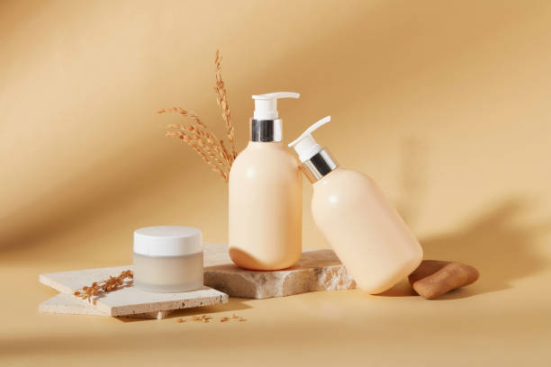 istock Cosmetic mockups placed on podiums on a beige background for advertising. Rice bran extract - safe and benign on the skin. Copy space. Natural cosmetics. 1829566109
