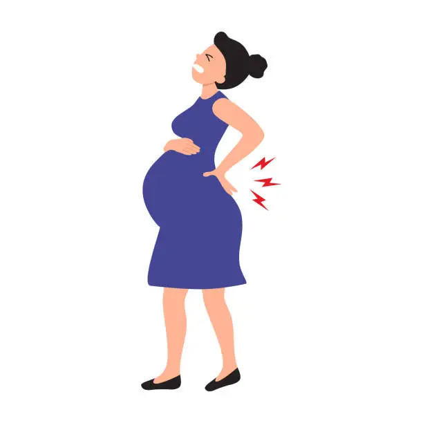 Vector illustration of Pregnant woman holding her back due to pain, lower back pain concept for pregnant women character in flat design vector illustration.