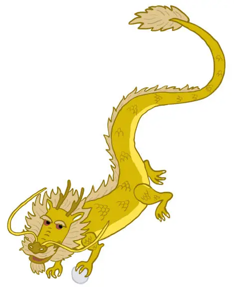 Vector illustration of Long golden dragon flying in the sky