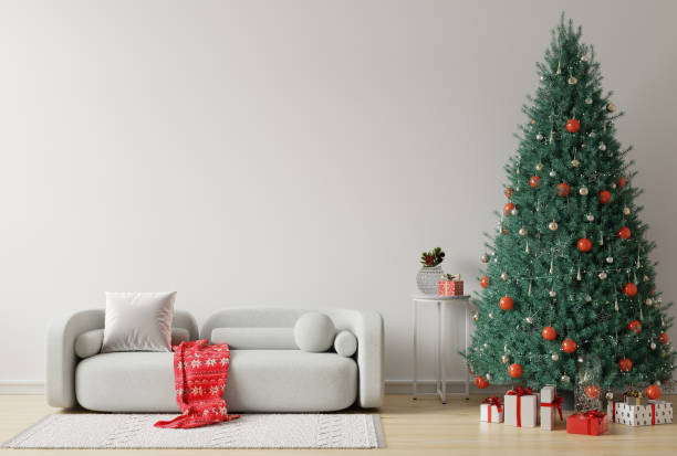 istock Living room christmas interior with velvet sofa on empty white background 1829620895