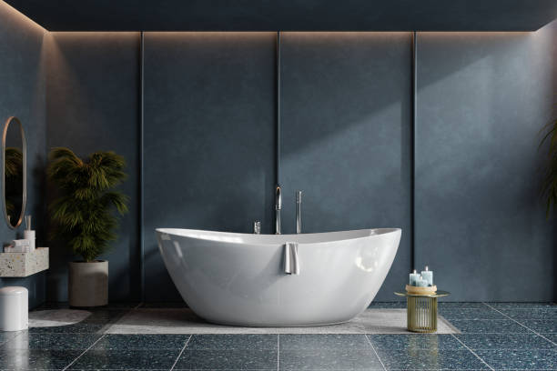 istock Modern Bathroom interior design with white bathtub on grunge dark blue wall 1829622292
