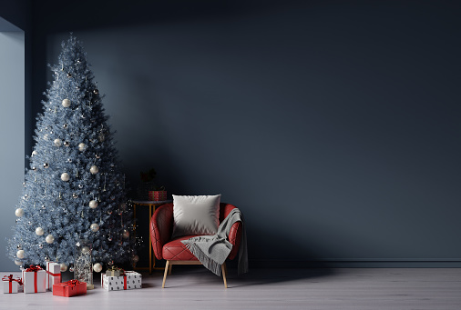 Dark blue living room interior with decorated christmas tree and red leather armchair.3d rendering