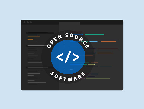 Open Source Software - OSS. Software with user-granted rights for use, study, change, distribution. Collaborative, customizable and free for any purpose. Open Source Software vector illustration