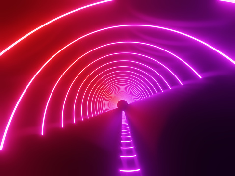 Abstract Images Reflecting Futuristic Circle Neon Laser Lights in Tunnel 3D Rendering