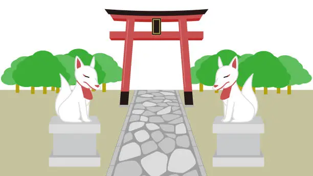 Vector illustration of Scenery with shrine torii gate and stone statue of Inari-san.