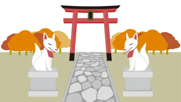 Vector illustration of Autumn scenery with shrine torii gate and stone statue of Inari-san.