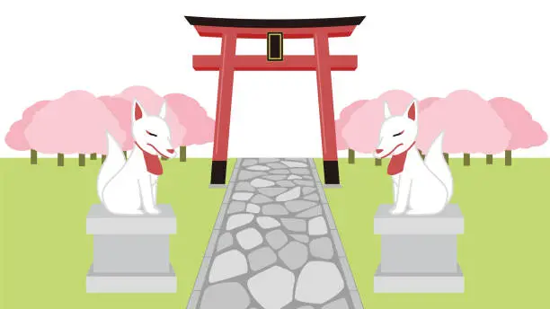 Vector illustration of Spring scenery with shrine torii gate and Inari statue.
