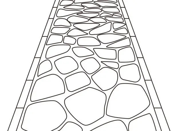 Vector illustration of Monochrome cobblestone line drawing. Image of the entrance approach and approach to the shrine.