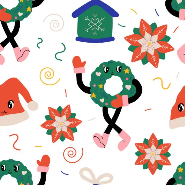 Vector illustration of Merry Christmas and Happy New year seamless pattern with groovy retro characters. Funny cute festive background