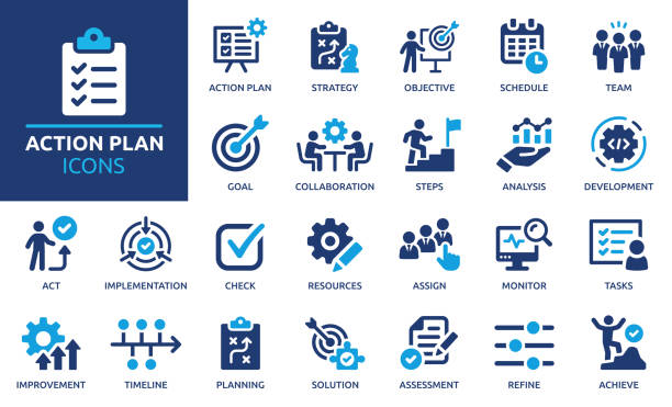 stockillustraties, clipart, cartoons en iconen met action plan icon set. solid icon collection. vector illustration. - oplossing