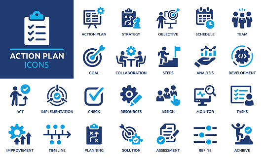 Containing planning, schedule, strategy, analysis, tasks, goal, collaboration and objective icons.