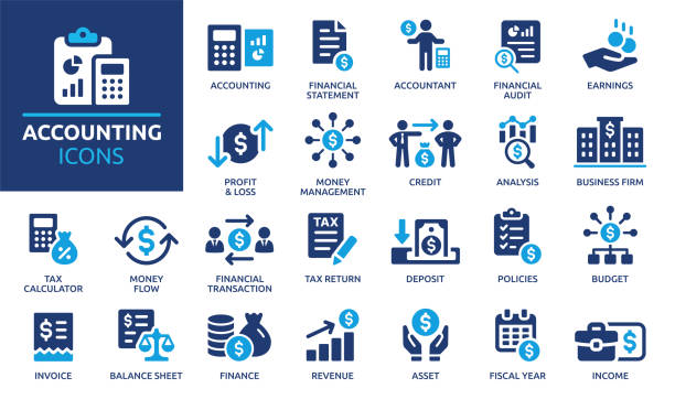 Accounting icon set. Solid icon collection. Vector illustration. Containing financial statement, accountant, financial audit, invoice, tax calculator, business firm, tax return, income and balance sheet icons. financial statement stock illustrations
