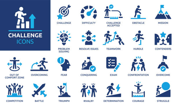 ilustraciones, imágenes clip art, dibujos animados e iconos de stock de conjunto de iconos de desafío. colección de iconos sólidos. ilustración vectorial. - importante