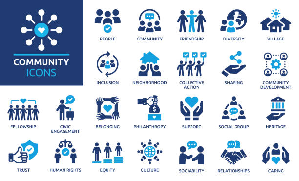 Community icon set. Solid icon collection. Vector illustration. Containing people, friendship, social, diversity, village, relationships, support and community development icons. environment friendly stock illustrations