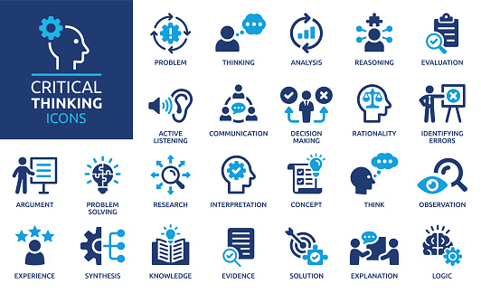 Containing think, problem-solving, analysis, reasoning, evaluation, experience, research, logic and listening icons.