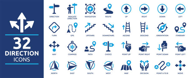bildbanksillustrationer, clip art samt tecknat material och ikoner med direction icon set. solid icon collection. vector illustration. - riktningsskylt