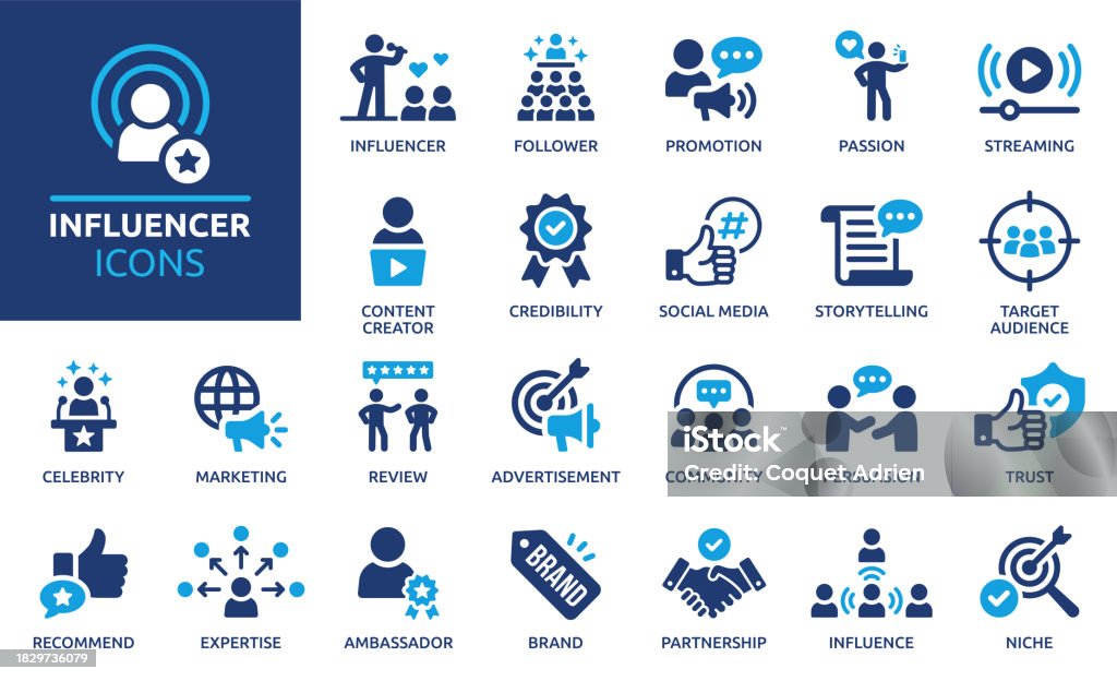 Influencer icon set. Solid icon collection. Vector illustration. - Royalty-free Pictogram vectorkunst Influencer icon set. Solid icon collection. Vector illustration. - Royalty-free Pictogram vectorkunst