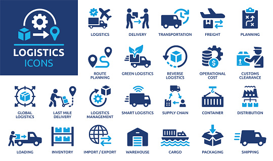 Containing distribution, shipping, transportation, delivery, cargo, freight, route planning, supply chain, export and import icons.