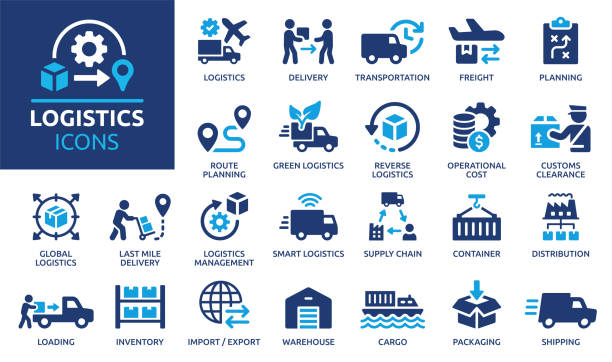 Logistics icon set. Solid icon collection. Vector illustration. Containing distribution, shipping, transportation, delivery, cargo, freight, route planning, supply chain, export and import icons. reverse image stock illustrations
