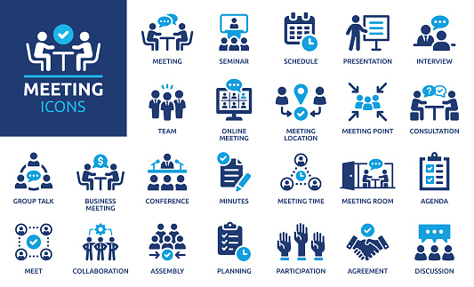 Containing seminar, business meeting, presentation, interview, conference, assembly, agreement and discussion icons.