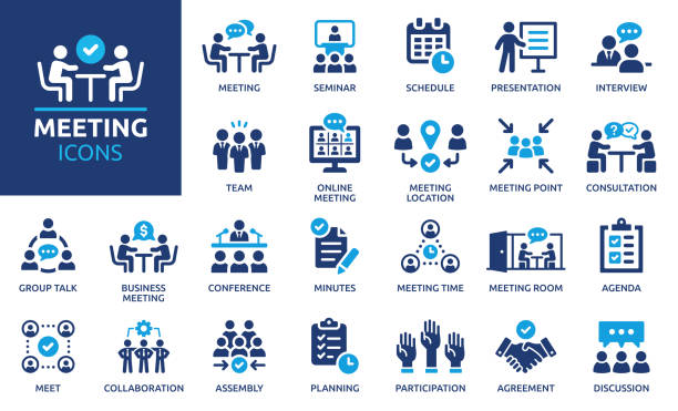 Meeting icon set. Solid icon collection. Vector illustration. Containing seminar, business meeting, presentation, interview, conference, assembly, agreement and discussion icons. presentation speech stock illustrations