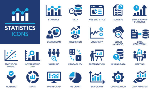 Statistics icon set. Solid icon collection. Vector illustration. Containing data, web statistics, survey, prediction, presentation, cloud analysis and pie chart icons. estimate stock illustrations