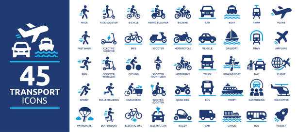 Containing car, bike, plane, train, bicycle, motorbike, bus and scooter icons.