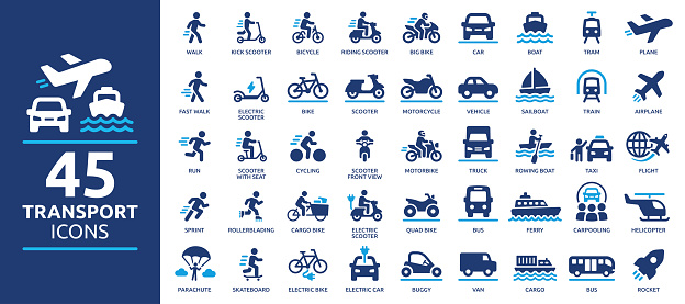 Containing car, bike, plane, train, bicycle, motorbike, bus and scooter icons.