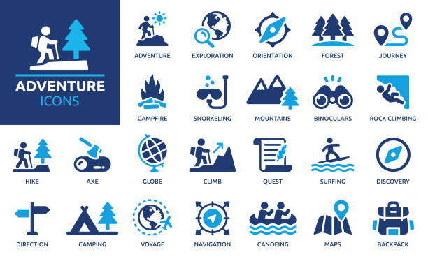 Containing hike, campfire, snorkeling, climbing, travel and canoeing icons.