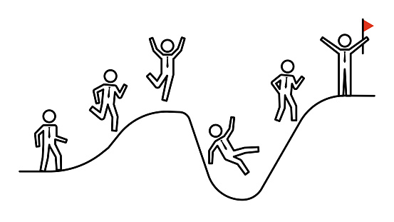 Pictogram human figure, set of poses of a businessman wearing a tie on his way to success, line width variable