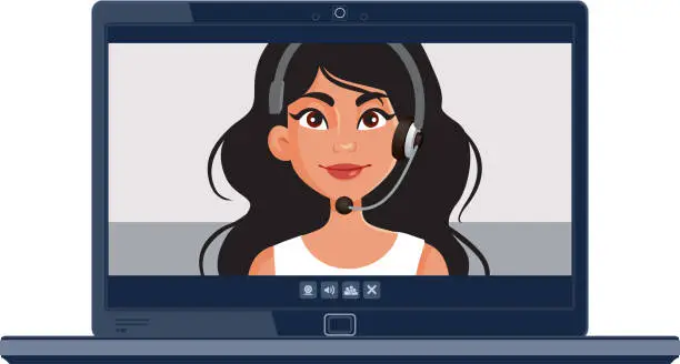 Vector illustration of Call Center Woman in Video Conference on a Laptop Illustration