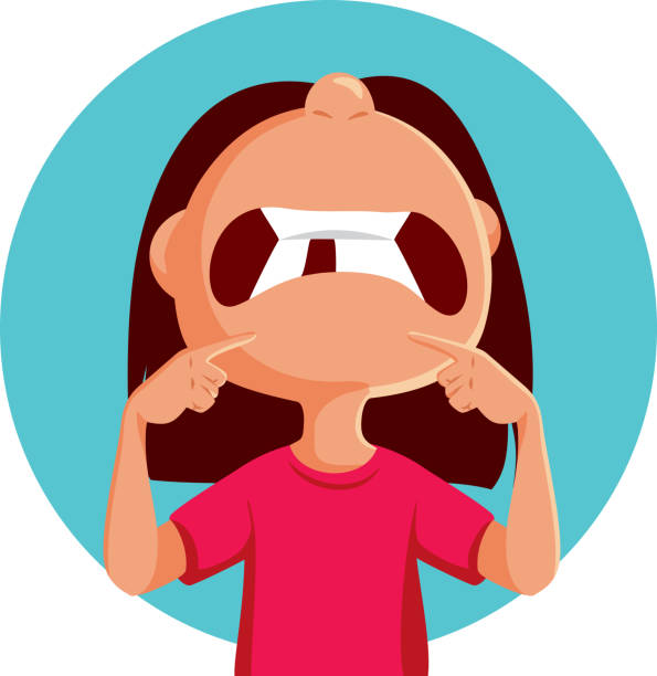 kleinkind-mädchen, dem ein zahn fehlt vektor lustige cartoon-illustration - milchzahn stock-grafiken, -clipart, -cartoons und -symbole